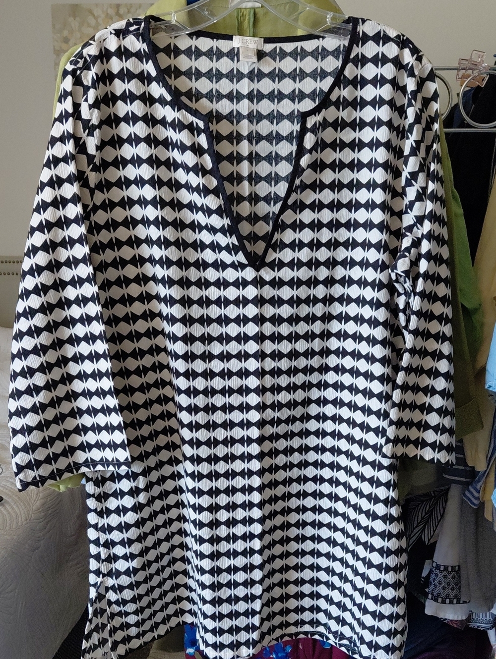 J. Crew Black and White Geometric V-Neck Blouse
